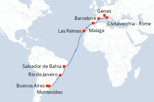 Carte itinéraire croisière Italie, Espagne, Brésil, Uruguay, Argentine - 20 jours au départ de Genes - Transatlantique