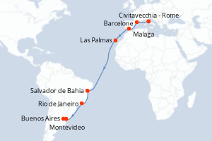 Carte itinéraire croisière Italie, Espagne, Brésil, Uruguay, Argentine - 19 jours au départ de Civitavecchia - Rome - Transatlantique