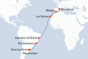 Carte itinéraire croisière Espagne, Brésil, Uruguay, Argentine - 17 jours au départ de Barcelone - Transatlantique