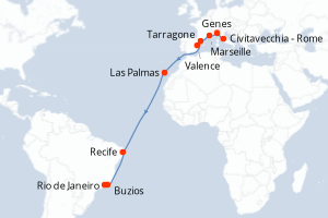 Carte itinéraire croisière Italie, France, Espagne, Brésil - 18 jours au départ de Civitavecchia - Rome - Transatlantique