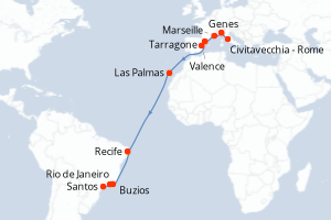 Carte itinéraire croisière Italie, France, Espagne, Brésil - 19 jours au départ de Civitavecchia - Rome - Transatlantique