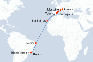 Carte itinéraire croisière Italie, France, Espagne, Brésil - 17 jours au départ de Genes - Transatlantique