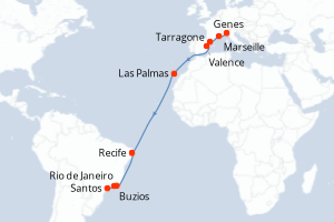Carte itinéraire croisière Italie, France, Espagne, Brésil - 18 jours au départ de Genes - Transatlantique