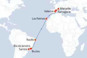 Carte itinéraire croisière France, Espagne, Brésil - 17 jours au départ de Marseille - Transatlantique