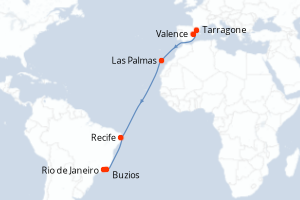 Carte itinéraire croisière Espagne, Brésil - 15 jours au départ de Tarragone - Transatlantique