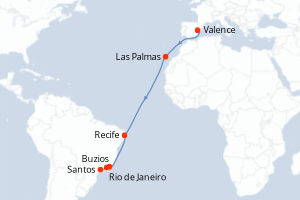 Carte itinéraire croisière Espagne, Brésil - 15 jours au départ de Valence - Transatlantique