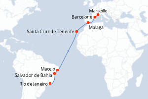 Carte itinéraire croisière France, Espagne, Brésil - 17 jours au départ de Marseille - Transatlantique
