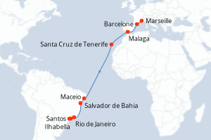 Carte itinéraire croisière France, Espagne, Brésil - 19 jours au départ de Marseille - Transatlantique