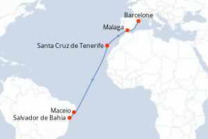 Carte itinéraire croisière Espagne, Brésil - 13 jours au départ de Barcelone - Transatlantique