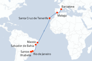 Carte itinéraire croisière Espagne, Brésil - 18 jours au départ de Barcelone - Transatlantique