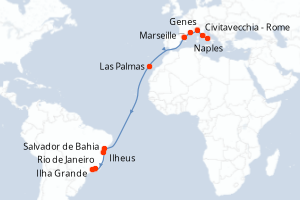 Carte itinéraire croisière Italie, France, Espagne, Brésil - 18 jours au départ de Naples - Transatlantique