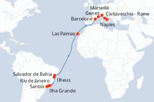 Carte itinéraire croisière Italie, France, Espagne, Brésil - 19 jours au départ de Naples - Transatlantique