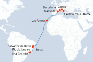 Carte itinéraire croisière Italie, France, Espagne, Brésil - 17 jours au départ de Civitavecchia - Rome - Transatlantique
