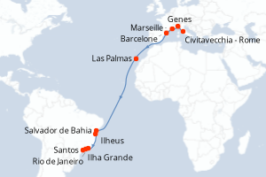 Carte itinéraire croisière Italie, France, Espagne, Brésil - 18 jours au départ de Civitavecchia - Rome - Transatlantique