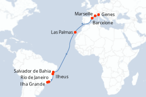 Carte itinéraire croisière Italie, France, Espagne, Brésil - 16 jours au départ de Genes - Transatlantique