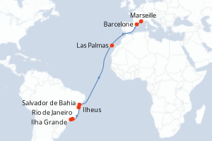 Carte itinéraire croisière France, Espagne, Brésil - 15 jours au départ de Marseille - Transatlantique