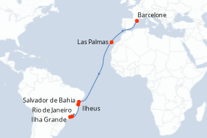 Carte itinéraire croisière Espagne, Brésil - 14 jours au départ de Barcelone - Transatlantique