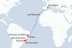 Carte itinéraire croisière Espagne, Brésil - 15 jours au départ de Barcelone - Transatlantique