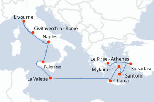 Carte itinéraire croisière Italie, Malte, Turquie, Grèce - 12 jours au départ de Civitavecchia - Rome - Méditerranée