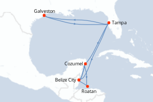 Carte itinéraire croisière États-Unis, Mexique, Honduras, Belize - 6 jours au départ de Galveston - Caraïbes Mexique