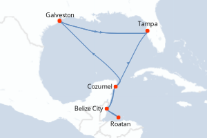 Carte itinéraire croisière États-Unis, Mexique, Honduras, Belize - 6 jours au départ de Galveston - Caraïbes Mexique