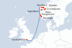 Carte itinéraire croisière Royaume-Uni, Norvège - 7 jours au départ de Southampton - Europe du Nord