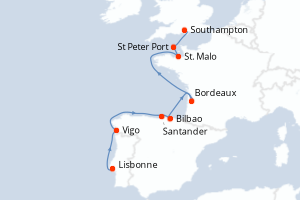 Carte itinéraire croisière Royaume-Uni, France, Espagne, Portugal - 12 jours au départ de Lisbonne - Europe du Nord