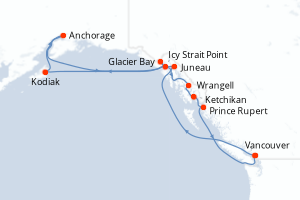 Carte itinéraire croisière Canada, États-Unis - 14 jours au départ de Vancouver - Alaska