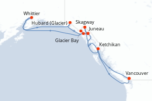 Carte itinéraire croisière Canada, États-Unis - 14 jours au départ de Vancouver - Alaska