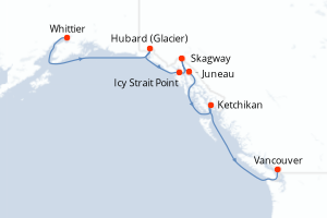 Carte itinéraire croisière États-Unis, Canada - 7 jours au départ de Whittier - Alaska