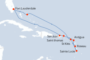 Carte itinéraire croisière États-Unis, Porto Rico, Antigua-et-Barbuda, Dominique, Sainte-Lucie, Bahamas - 12 jours au départ de Fort Lauderdale - Caraïbes Bahamas