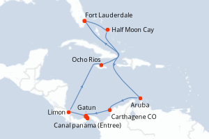 Carte itinéraire croisière États-Unis, Bahamas, Pays-Bas, Colombie, Panama, Costa Rica, Jamaïque - 12 jours au départ de Fort Lauderdale - Caraïbes Bahamas