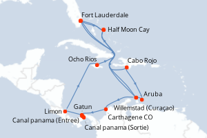 Carte itinéraire croisière États-Unis, République Dominicaine, Pays-Bas, Bahamas, Colombie, Panama, Costa Rica, Jamaïque - 21 jours au départ de Fort Lauderdale - Caraïbes Bahamas