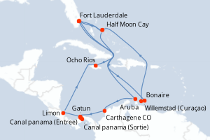 Carte itinéraire croisière États-Unis, Bahamas, Pays-Bas, Colombie, Panama, Costa Rica, Jamaïque - 21 jours au départ de Fort Lauderdale - Caraïbes Bahamas