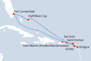 Carte itinéraire croisière États-Unis, Bahamas, Antigua-et-Barbuda, Pays-Bas, Porto Rico - 10 jours au départ de Fort Lauderdale - Caraïbes Bahamas