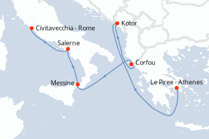 Carte itinéraire croisière Grèce, Monténégro, Italie - 7 jours au départ de Le Piree - Athenes - Méditerranée