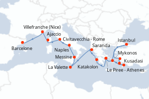 Carte itinéraire croisière Grèce, Turquie, Albanie, Malte, Italie, France, Espagne - 21 jours au départ de Le Piree - Athenes - Méditerranée