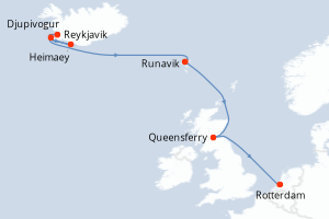 Carte itinéraire croisière Islande, Danemark, Royaume-Uni, Pays-Bas - 7 jours au départ de Reykjavik - Europe du Nord