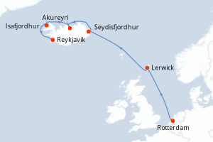 Carte itinéraire croisière Pays-Bas, Royaume-Uni, Islande - 7 jours au départ de Rotterdam - Europe du Nord