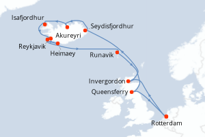 Carte itinéraire croisière Pays-Bas, Royaume-Uni, Islande, Danemark - 14 jours au départ de Rotterdam - Europe du Nord