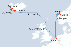 Carte itinéraire croisière Islande, Danemark, Royaume-Uni, Pays-Bas, Norvège - 14 jours au départ de Reykjavik - Europe du Nord