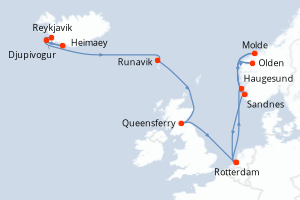 Carte itinéraire croisière Islande, Danemark, Royaume-Uni, Pays-Bas, Norvège - 14 jours au départ de Reykjavik - Europe du Nord