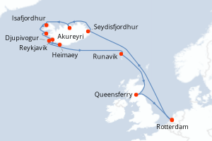 Carte itinéraire croisière Pays-Bas, Islande, Danemark, Royaume-Uni - 14 jours au départ de Rotterdam - Europe du Nord