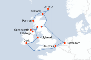 Carte itinéraire croisière Pays-Bas, Irlande, Royaume-Uni - 14 jours au départ de Rotterdam - Europe du Nord