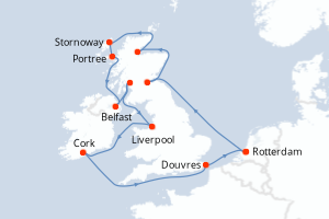 Carte itinéraire croisière Pays-Bas, Irlande, Royaume-Uni - 14 jours au départ de Rotterdam - Europe du Nord