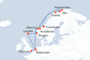 Carte itinéraire croisière Pays-Bas, Norvège, Royaume-Uni - 15 jours au départ de Douvres - Europe du Nord
