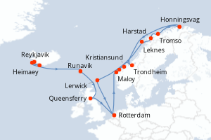 Carte itinéraire croisière Islande, Danemark, Pays-Bas, Norvège, Royaume-Uni - 21 jours au départ de Reykjavik - Europe du Nord
