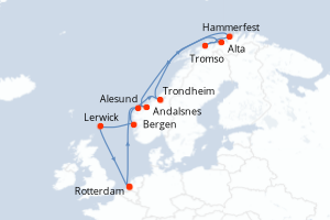Carte itinéraire croisière Pays-Bas, Norvège, Royaume-Uni - 14 jours au départ de Rotterdam - Europe du Nord