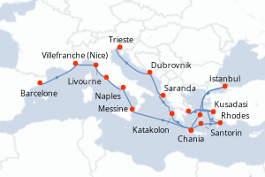 Carte itinéraire croisière Espagne, France, Italie, Grèce, Turquie, Albanie, Croatie - 22 jours au départ de Barcelone - Méditerranée