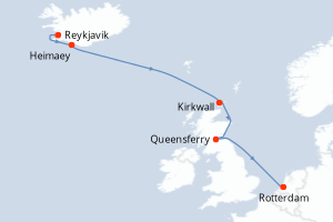 Carte itinéraire croisière Islande, Royaume-Uni, Pays-Bas - 7 jours au départ de Reykjavik - Europe du Nord